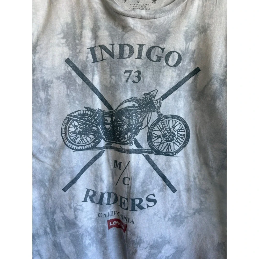 Levis Mens XL Indigo 73 Motorcycle Graphic Tie Dye T-Shirt Grey Biker Tee